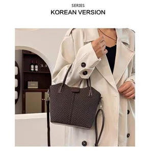Women retro herringbone pattern shoulder bag casual PU leather handbag autumn winter crossbody