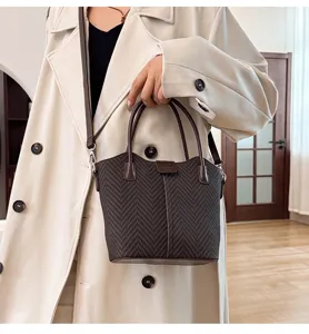 Women Autumn Winter Casual Handbag Retro Tweed Bucket Tote Bag Stylish Crossbody Bag