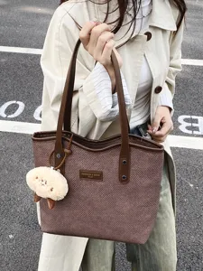 Women Large Capacity PU Tote Bag Fashion Casual Shoulder Bag Commuter Handbag with Pendent