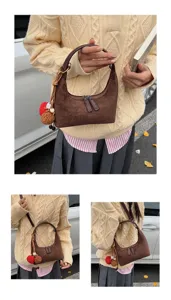 Korean style minimalist brown suede handbag casual commuter shoulder bag with charm