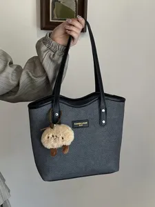 Stylish casual tote bag with cute plush pendant, large capacity PU leather shoulder bag for women