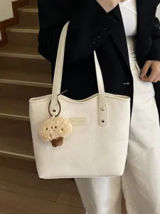 Women PU leather woven tote bag large capacity casual shoulder handbag with cute plush pendant