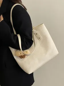 Women large capacity PU leather tote bag stylish casual shoulder bag with cute plush charm detail