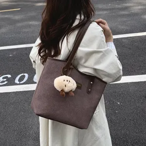 Women PU Tote Bag Large Capacity Casual Shoulder Bag Fashion Handbag with Cute Pendant