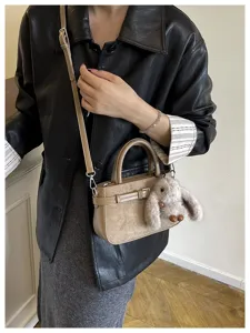 Chic autumn winter women shoulder bag PU leather crossbody handbag with cute bunny charm
