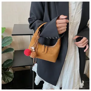 Stylish brown suede hobo crescent shoulder bag for women, retro autumn winter handbag.