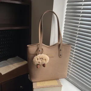 Stylish PU leather tote bag with cute fluffy charm large capacity casual shoulder bag(