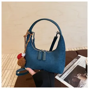 Retro Suede Dumpling Shoulder Bag Soft Hobo Crossbody Bag with Cute Pompom Charm