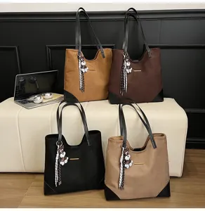 Large capacity suede tote bag casual shoulder bag commute handbag with cute puppy charm.