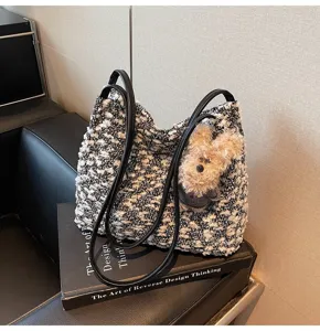 Retro tweed shoulder bag for women, cute plush handbag with bear pendant, stylish daily tote.