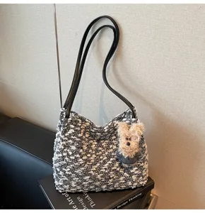 Women fashion black white tweed shoulder bag cute plush pendant casual handbag