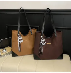 Large capacity suede tote bag casual shoulder bag commute student handbag stylish minimalist