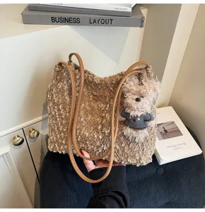 Retro Maillard plush shoulder bag for women, cute fluffy tote bag with bear pendant.