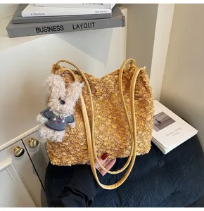 Retro maillard plush shoulder bag for women cute furry handbag with cute bear pendant.