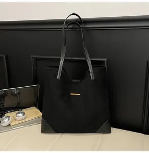 Black suede tote bag for women, large capacity casual shoulder bag and commute handbag.