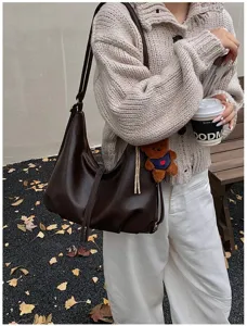 Classic brown PU leather hobo shoulder bag for women, large capacity minimalist daily commute bag.
