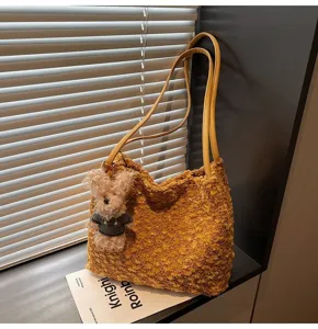 Retro Maillard plush shoulder bag for women, cute fluffy tote bag with lovely bear pendant.