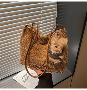 Fluffy brown teddy plush shoulder bag for women, cute bear pendant, retro winter tote handbag