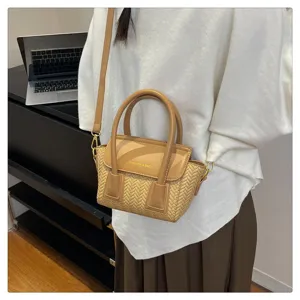 Bolso bandolera de paja tejida y cuero PU bolso de mano casual estilo moda diario