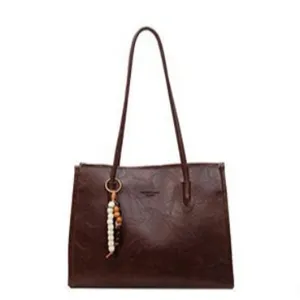 Vintage brown tote bag for women large capacity shoulder bag with beaded charm daily commuting