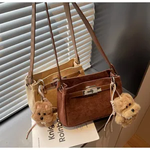 Vintage Suede Shoulder Bag Retro Kelly Style Tote Bag with Cute Dog Pendant Handbag
