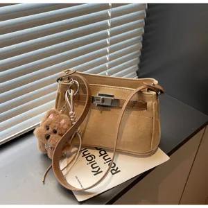 Vintage suede Kelly underarm shoulder bag with cute plush puppy pendant chic crossbody purse