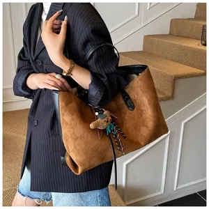 Large capacity suede diamond pattern tote bag, vintage commuting shoulder bag for women.