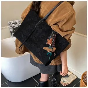 Large capacity suede diamond pattern tote bag for women, vintage casual single shoulder handbag.