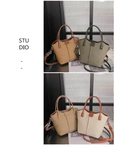 Stylish women's woven shoulder bag casual top handle tote crossbody bag for autumn winter.