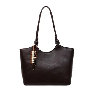 Dark brown retro tote bag for women, large capacity shoulder bag with stylish beaded charm.