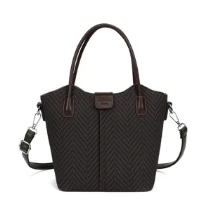 Stylish women's herringbone tote bag with top handles and detachable crossbody strap.