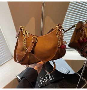 Vintage brown suede crossbody bag for women casual shoulder handbag with chain and cherry charm