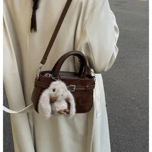Stylish autumn winter brown handbag with cute rabbit plush charm casual shoulder messenger bag