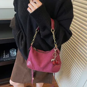 Retro burgundy suede PU shoulder bag, casual underarm hobo bag with chain and cherry charm.