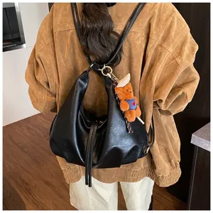 Black PU leather hobo backpack casual large capacity daily commuting shoulder bag with cute bear charm