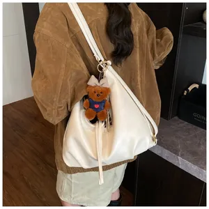 Women fashion PU leather shoulder bag large capacity casual hobo bag with cute bear pendant