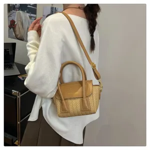 Bolso de hombro de paja tejida y cuero PU elegante bolso cruzado casual para mujer diario