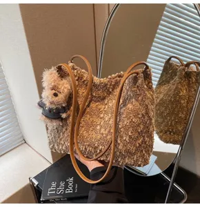 Retro Maillard plush shoulder bag for women, cute fluffy tote bag with bear pendant.