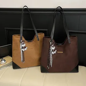 Women's Large Capacity Suede Tote Bag Casual Commuter Shoulder Bag And PU Leather Patchwork Handbag With Pendant