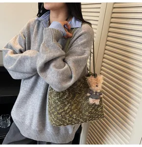 Retro furry shoulder bag for women, cute plush bear pendant, casual autumn winter tote bag.