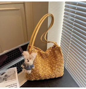 Retro Maillard brown plush shoulder bag for women, cute fluffy tote bag with bear pendant.