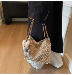 Retro fuzzy plush shoulder bag for women, cute retro winter handbag with teddy bear charm.