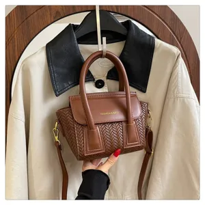 Bolso de mano cruzado marrón de cuero PU trenzado retro elegante bolso para mujer diario