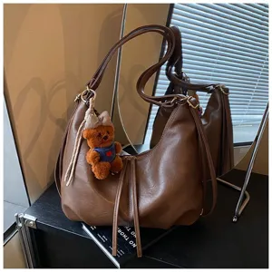 Stylish dark brown PU leather shoulder bag large capacity casual commuter hobo bag