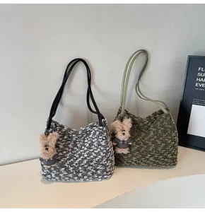 Retro plaid plush shoulder bag for women, cute fluffy handbag with bear pendant, stylish autumn.