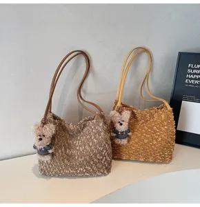 Retro Maillard plush shoulder bag for women, cute fuzzy tote bag with bear pendant.