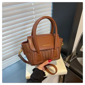 Mujeres Moda PU Cuero Tejido Tote Bolso Asa Superior Bandolera Hombro Bolso Casual Viaje Handbag