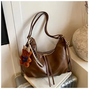 Women PU Leather Casual Backpack Large Capacity Commuting Underarm Bag Solid Color Stylish Daypack With Bear Pendant