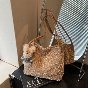 Retro Maillard plush shoulder bag for women, stylish cute fuzzy tote bag with bear charm.