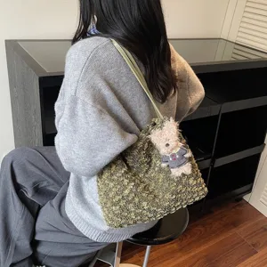 Women retro plush shoulder bag furry tote bag cute bear pendant stylish fluffy handbag